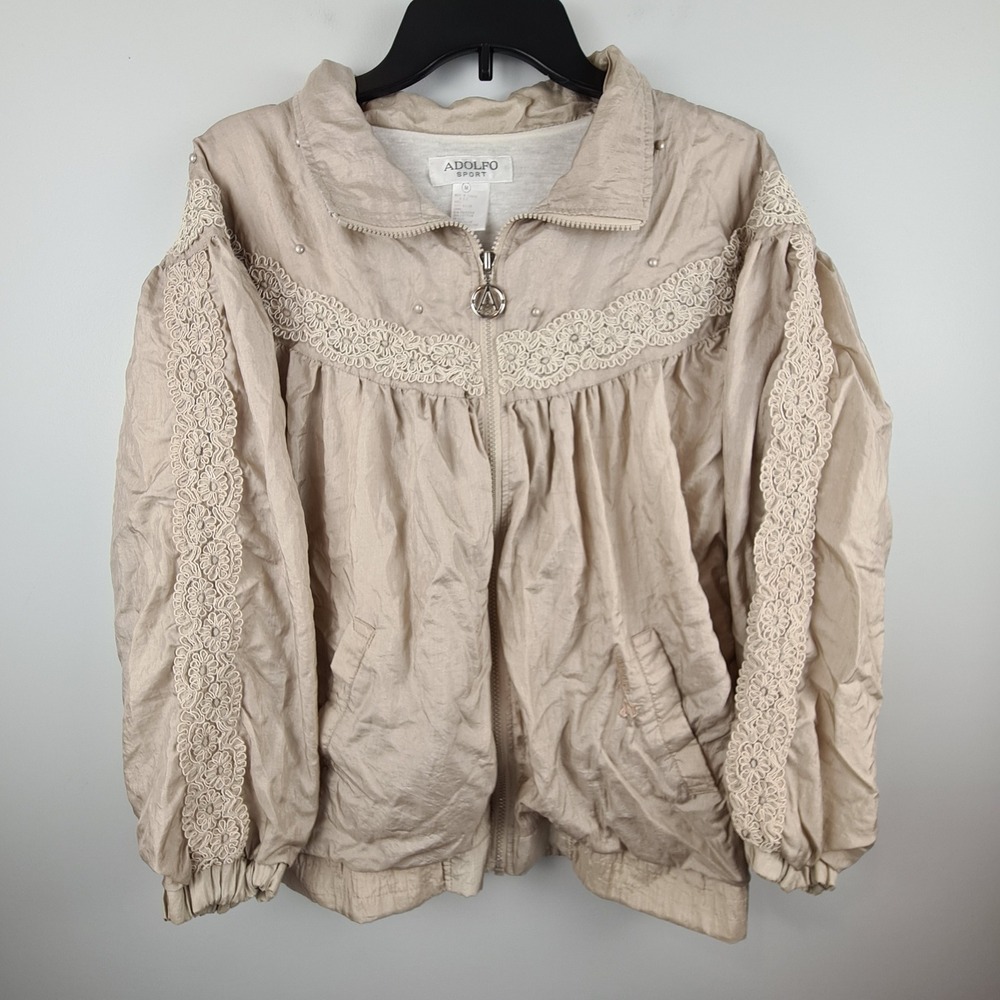 Adolfo Sport Vintage Beige Lace Pearl Trim Full Zip Track Jacket Womens Medium